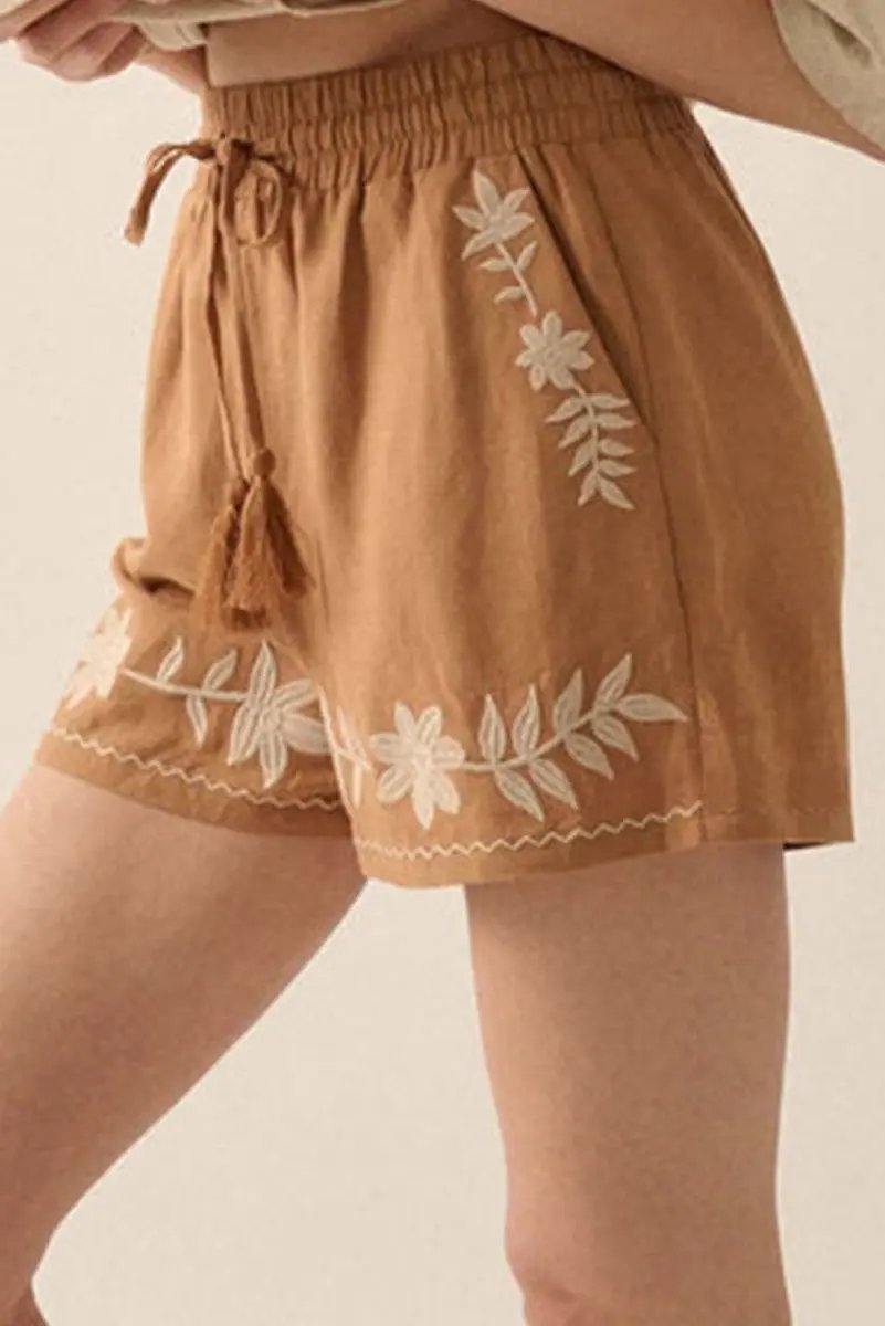 Khaki Embroidered Boho Tasseled Drawstring Elastic Waist Shorts - Love Salve